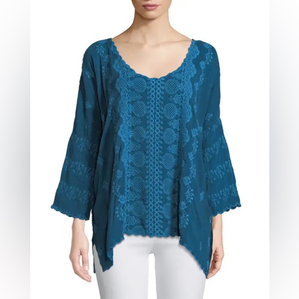 Johnny Was Analusia Embroidered Top Blue Tide 3/4 Sleeve Blouse Women’s Sz Small